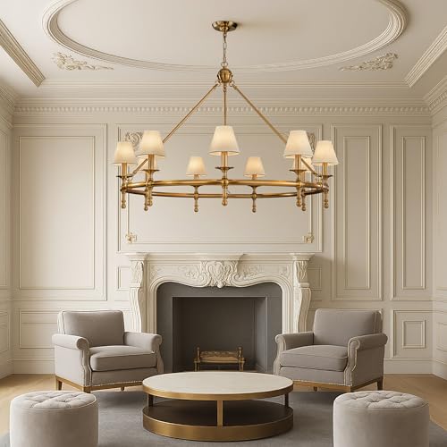 9 Lights W47 inch Vintage Brass and White Pleated Fabric Chandeliers for Dining Room Mid Century Modern Large Round Chandeliers Classic Wagon Wheel Pendant Light for Living Room