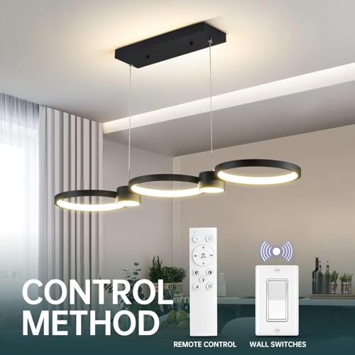 Modern LED Chandelier Light, 3000-6500K Dimmable Modern Pendant Light Fixture with Remote Control, Height-Adjustable Island Light Ceiling Hanging for Dining Room Kitchen (Black, 3Ring- 36IN)