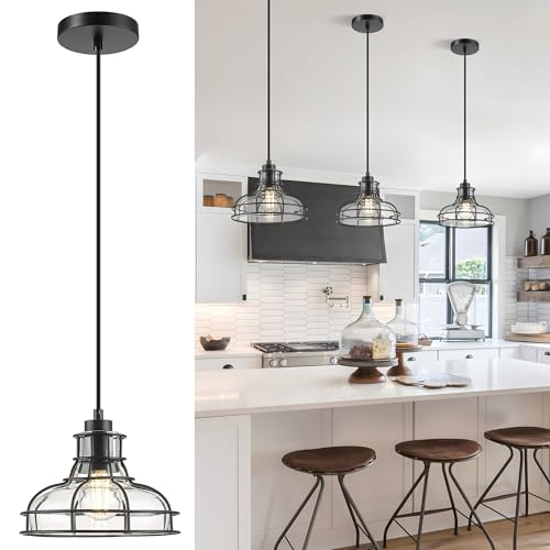 8.7" Industrial Pendant Lights with Glass Shade & Metal Cage