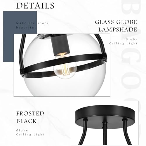6" Globe Semi Flush Mount Ceiling Light Fixture Modern Black Semi Flush Mount Ceiling Light Mid Century Ceiling Light With Clear Glass Shade Matte Black Finish for Hallway Bathroom