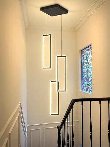 3 Lights Modern Rectangle Chandelier Dimmable Pendant Lighting Adjust LED Staircase Chandelier Hanging Light Fixtures for Kitchen Island Dining Room Entryway Foyer Black