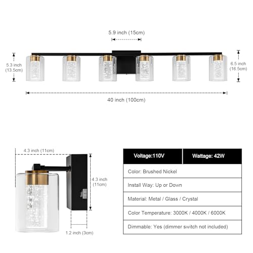 6 Light Black and Gold Vanity Light with 3 Color Modes