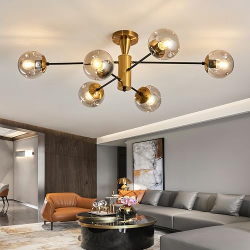 6 Light Gold Sputnik Chandelier Modern Semi Flush Mount Ceiling Light with Glass Globe Shade Mid Century Ceiling Lighting for Dining Room Living Room Kitchen Farmhouse Bedroom