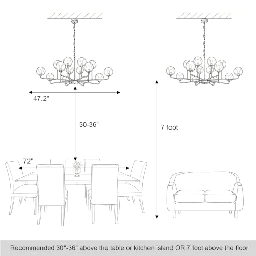 Large Chandeliers for High Ceilings 47.2IN Large Dining Room Chandelier with Smoky Gray Glass Globe Modern Black Chandeliers for Dining Room Large Chandelier Light Fixture for Entryway Living Room