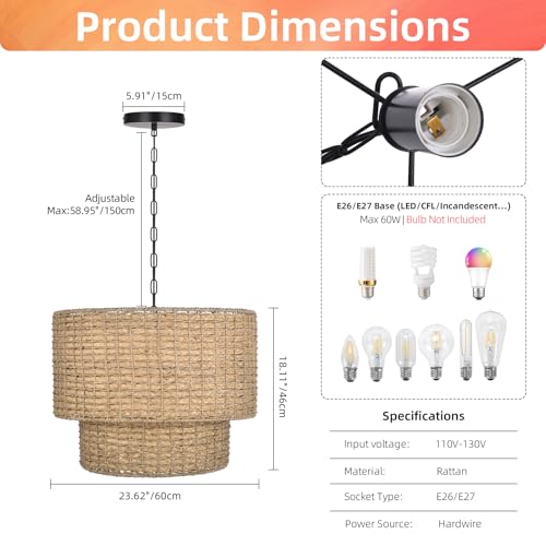 Large Rattan Chandelier Natural Woven Double Drum Pendant Light Vintage Ceiling Hanging Light Fixture for Kitchen Island Bedroom Hallway 23.62"