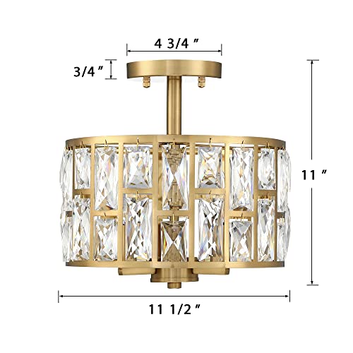 Gold Finish 3LT Crystal Semi Flush Mount Ceiling Light Fixture