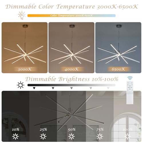 Big Sputnik Chandelier 48” Nickel High Ceiling Chandeliers Big Modern Remote Control Chandelier for Large Living Room Dining Room Foyer