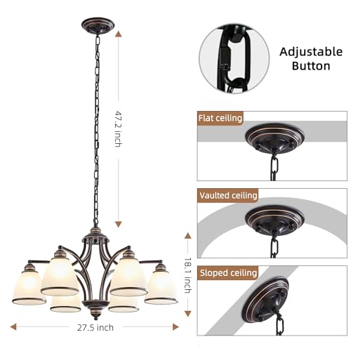 6 Light Chandeliers for Dining Room with Frosted Glass Black and Gold Strokes Modern 30’’Ceiling Hanging Light Fixtures Classic Pendant Lighting for Kitchen (6 Count)