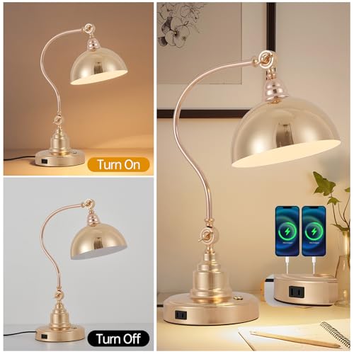 Dimmable Touch Control French Gold Swing Arm Desk Lamp with Charging Port