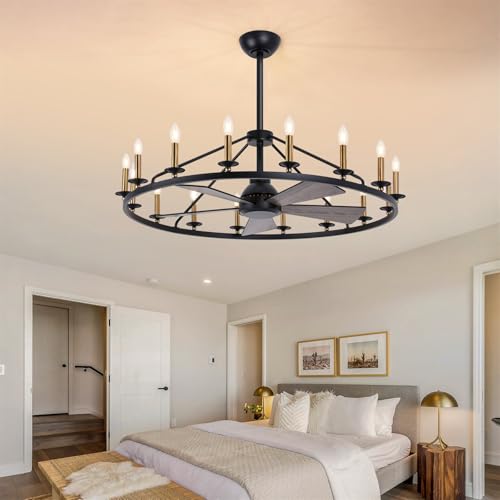 44" Black+Gold Wagon Wheel Chandelier with Fans