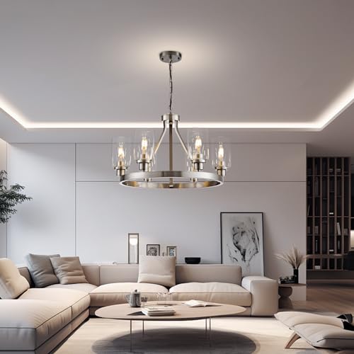 6 Light Modern Dining Room Light Fixture Brushed Nickel Kitchen Chandelier Ceiling Hanging Pendant Lighting with Glass Shade for Living Room Bedroom Entryway Adjustable Height Metal E26