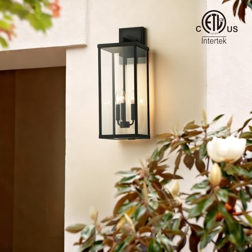 24" Classic Outdoor Wall Sconce 3 Lights in Matte Black Rectangular Metal Frame and Clear Glass Shade Waterproof Porch Light Patio Light Pack of 2 (2 Count)