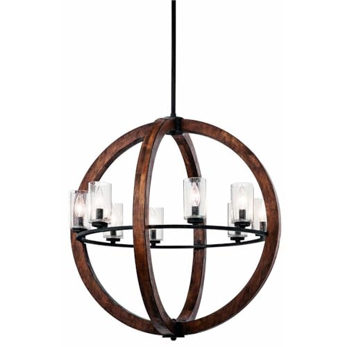 Grand Bank 30" 8 Light Chandelier with Clear Seeded Glass in Auburn Stained Wood and Distressed Black Metal