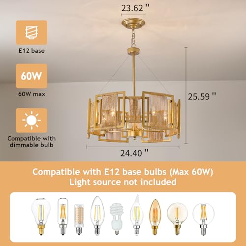 4 Light Boho Rattan Chandelier Light Fixture