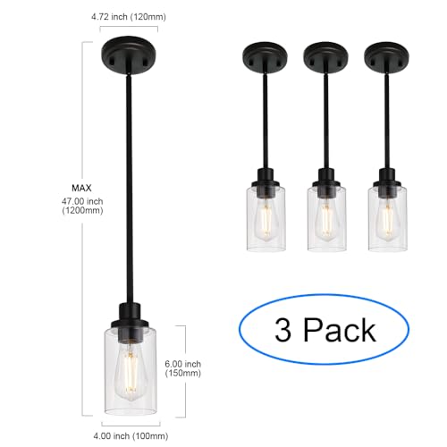 Kitchen Island Pendant Lighting 3 Pack Black with Clear Glass (3 Count)