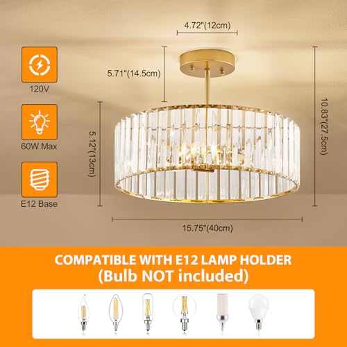 Modern Gold Semi Flush Mount Ceiling Light Crystal 3
