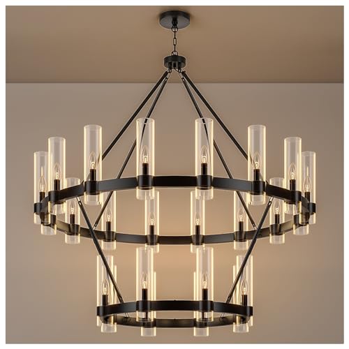 48 Inch Black Wagon Wheel Chandelier 2 Tier with Glass Shade