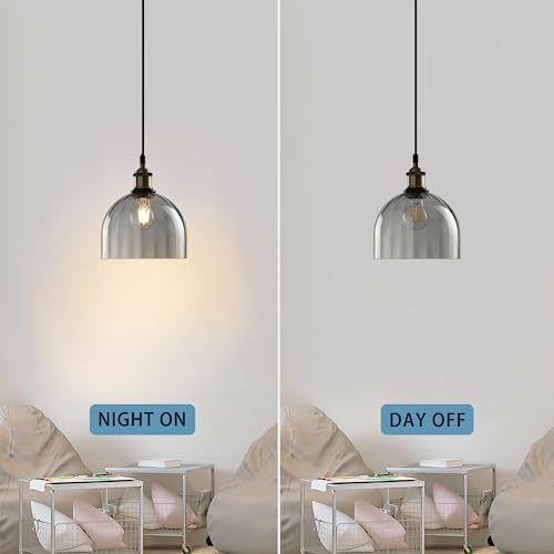 Grey Ribbed Glass Pendant Light Kitchen Island 7.8Inch Black Hanging Lamp