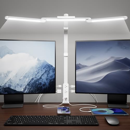 LED Desk Lamp Computer Light with Power Strip with Clamp White