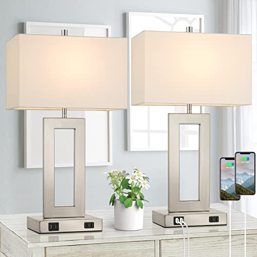 22" Silver Modern Table Lamp Set of 2 with 2 USB Ports&AC Outlet (2 Count)