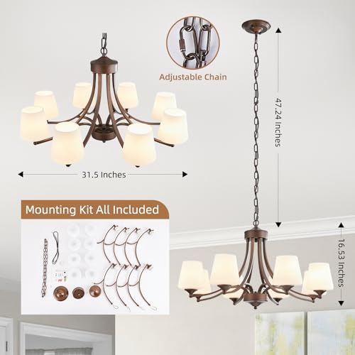 8 Light Large Rustic Chandeliers with Frosted Milky White Glass