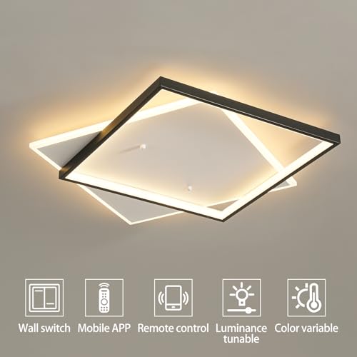 Black Modern LED Bedroom Ceiling Light Dimmable Flush Mount Ceiling Light Fixture 22" Square Ceiling Lamp with Remote Control Kitchen Lighting Fixture Ceiling
