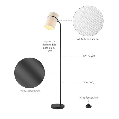 62" Matte Black Floor Lamp with White Fabric Shade