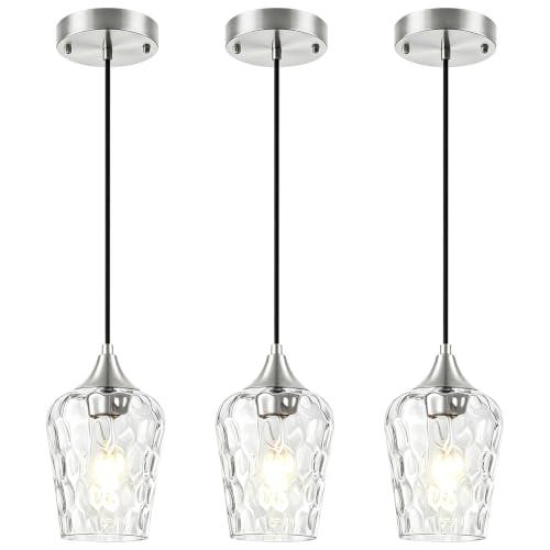 3 Pack Brushed Nickel Pendant Lights Kitchen Island Hammered Glass Shade