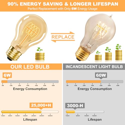 E26 Dimmable A19 Vintage 6W LED Edison Bulbs 2700K Decorative Light Bulbs (4 Count)