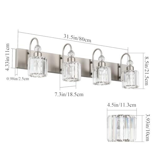 4 Light Crystal Vanity Light for Bathroom Brushed Nickel Modern Bathroom Light Fixtures