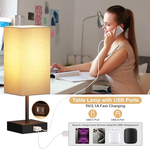 Bedside Table Lamp for Bedroom with 2 USB Ports