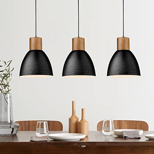 3 Pack Hammered Pendant Lights for Kitchen Island 7” Small Metal Solid Wood Hanging Light Fixtures Adjustable Height Farmhouse Pendant Lighting for Dining Room Bedroom Bar Office (3 Count)