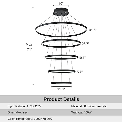 5 Rings Modern LED Chandelier Black Dimmable High Ceiling Chandelier for Dining Room with Remote Control for Foyer Living Room Entryway Staircase