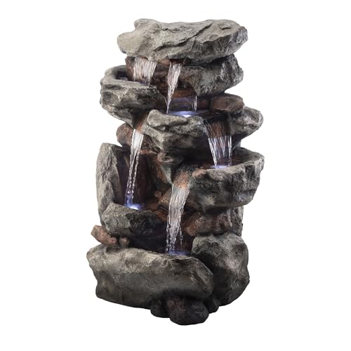 WIN730 Outdoor Floor Tiered Rock Waterfall Fountain with LED Lights and Natural Stone Look