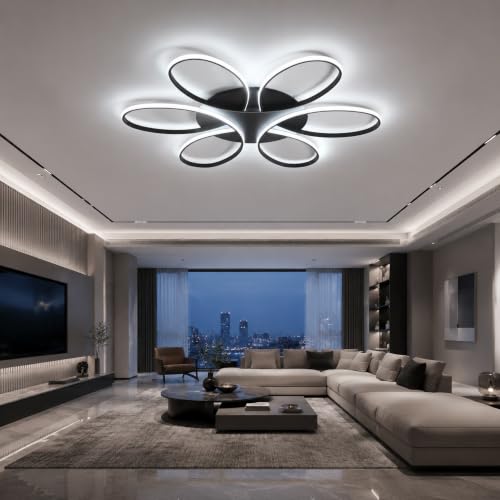 Modern LED Ceiling Light Fixture Black Flush Mount Ceiling Lamp with Remote Control Dimmable 6 Rings Flower Shaped Ideal for Living Room Bedroom Dining Room Kitchen