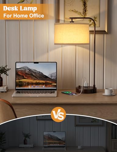 Brown Table Lamp for Bedroom with USB Port and Outlet