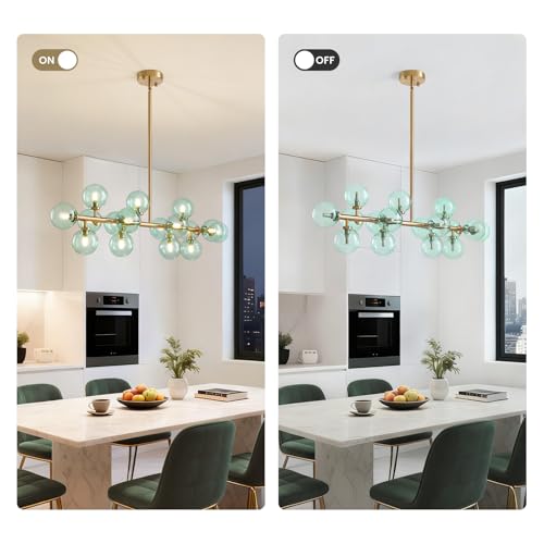 Mid Century Modern Gold Chandelier with Green Glass Rectangle Pendant Fixtures Linear Sputnik Chandeliers for Kitchen Island Dining Room Over Table