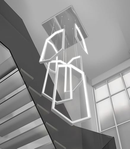 6 Rings Modern Chandelier LED Dimmable Long Large High Ceiling Chandelier Adjust Flush Mount Ceiling Light for Foyer Lobby Living Room Staircaes Sliver (6 Count)