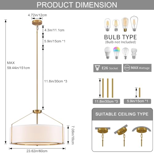 23Inches Drum Chandelier Large Gold & White Pendant Lights for Dining Room