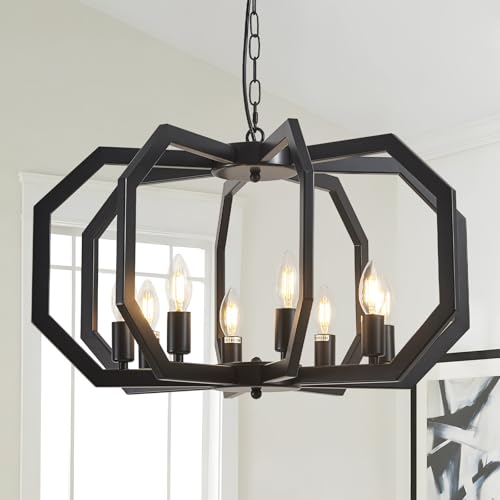 8 Black Light Farmhouse Chandelier Dining Room Light Fixture Geometric Modern Rustic Hanging Pendant Light for Living Room