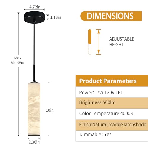 Natural Alabaster Pendant Lights 4000k Modern Black Ceiling Light White Marble Long Tube Chandelier for Kitchen Island Bedroom Dining Room Table Living Room (2.99 Count)