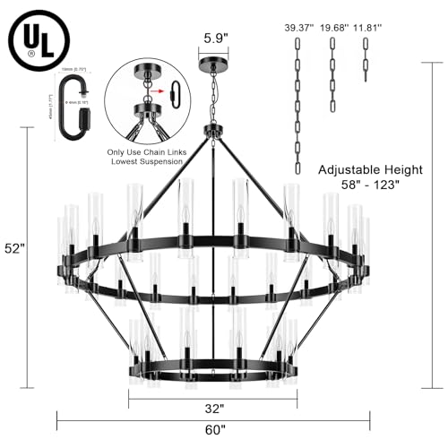 60 Inch Black Wagon Wheel Chandelier 2 Tier with Glass Shade
