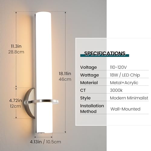 Brushed Nickel Bathroom Sconces Wall Lighting 18W LED Dimmable Vanity Light Fixture