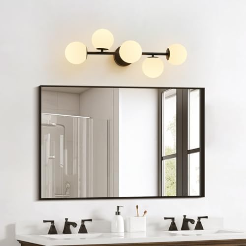 27" Mid Century Modern White Globe Black LED Bathroom Vanity Light