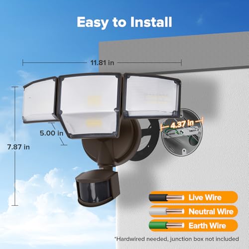 80W 9000LM LED Security Lights Hardwire Motion Sensor Outdoor Lights