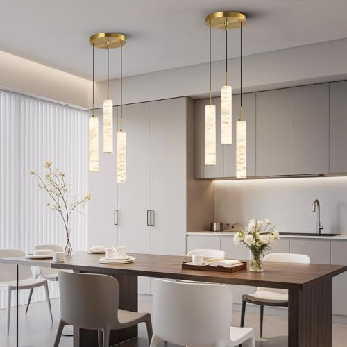 Natural Alabaster Pendant Lights for Kitchen Island White Marble Long Tube Chandelier 4000K Modern Gold Ceiling Light Fixtures for Bedroom Dining Room Table Living Room Hallway