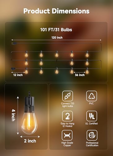 101FT Outdoor String LED Patio Lights Waterproof Shatterproof