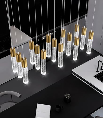 15 Lights Modern LED Pendant Lighting Fixture for Kitchen Island Crystal Chandelier Light Fixtures for Dining Room Living Room Gold