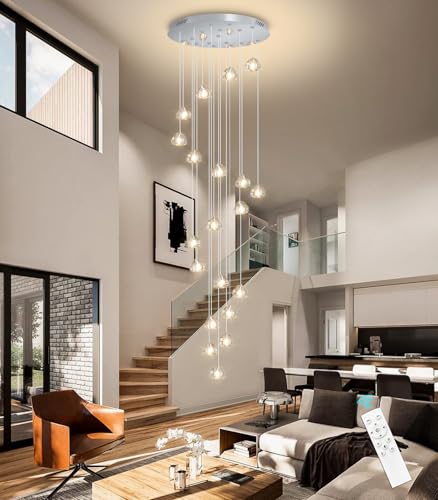 20 Lights Modern Chandeliers for Living Room Long Light High Ceiling Pendant Lights LED Dimmable Lighting Fixtures Chandelier for Foyer Entryway Polished Chrome Sloped Ceiling Install (20 Count)