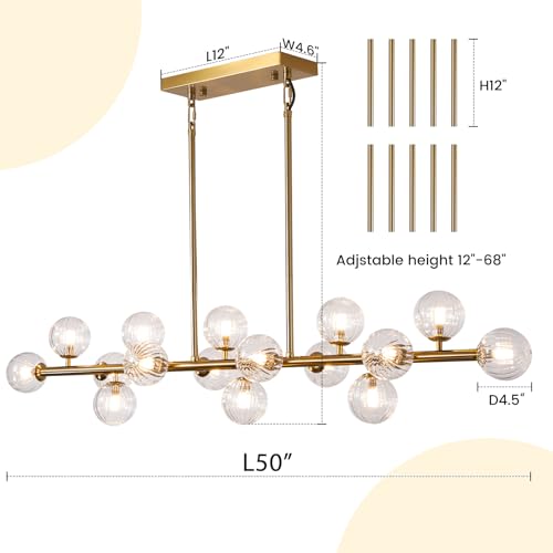 Gold Linear Rectangle Chandelier Modern Chandelier Glass Pendant Light Fixture Adjustable for Dining Living Room Kitchen Island 16